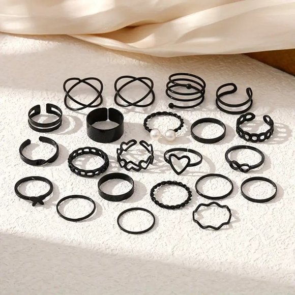 Rings Finger Stackable 22pc Stylish Black Pearl Gypsy Boho Trendy Adjuststable - Picture 4 of 5